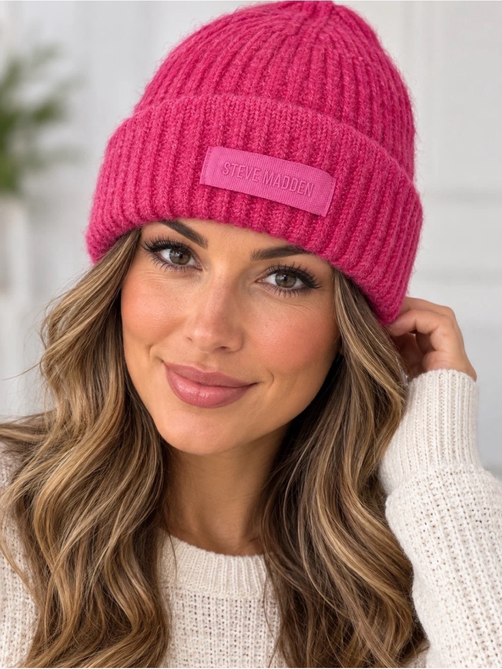 Steve Madden Hot Pink Ribbed Knit Beanie